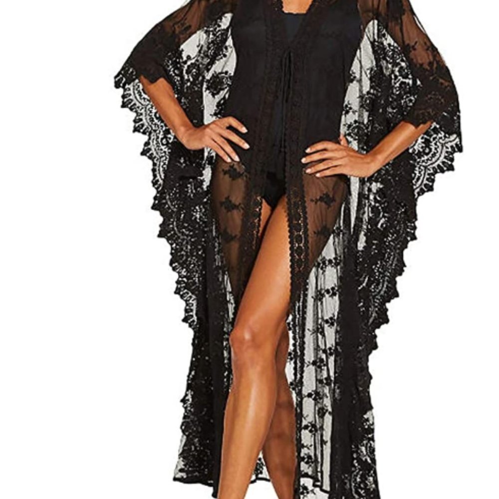 Open Front Kimono Cardigan Bikini Cover Up - Picture 2 of 6